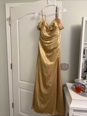 Lina Gold Satin Draped Prom Dress